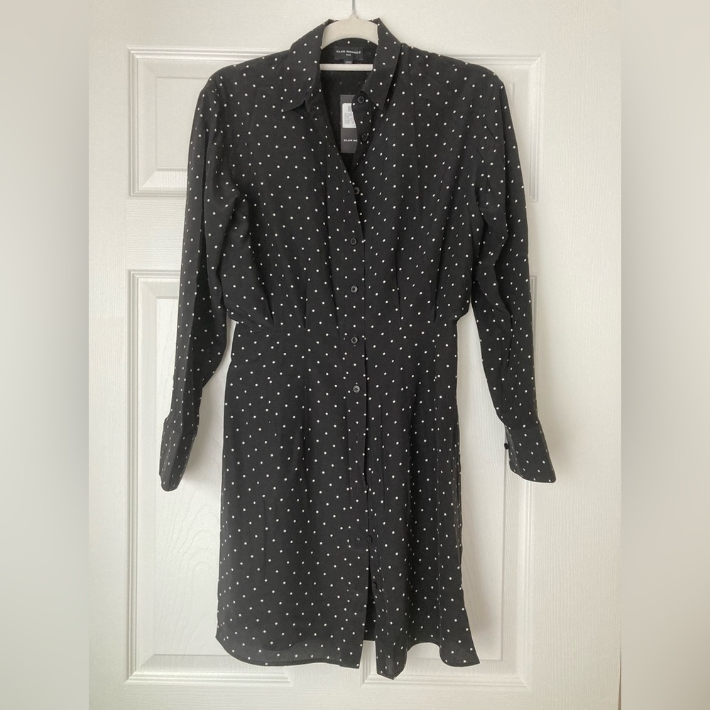 Club Monaco Silk Black and White Dotted Shirt Dress